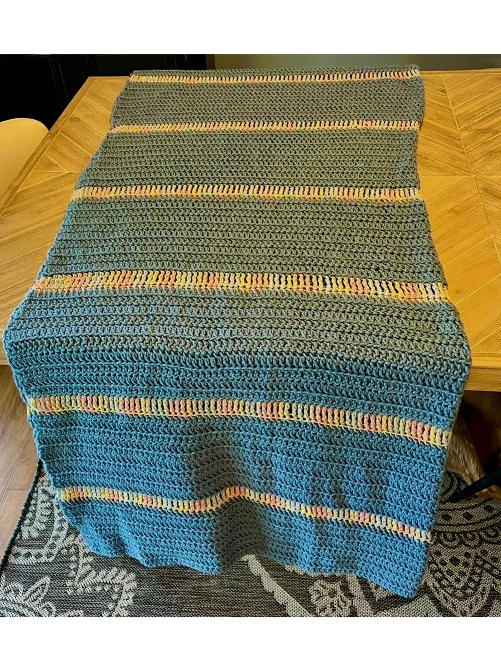 Vintage Handmade Crochet Knit Afghan Throw Blanket Grannycore Cottagecore Blue